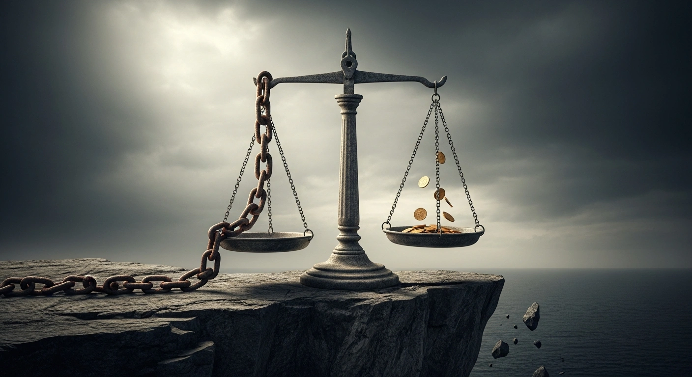 A symbolic representation of the United Kingdom's unsustainable public finances shows a precarious scale weighted down by heavy chains on a cliffside, illustrating the risks to economic stability identified by the Office for Budget Responsibility.