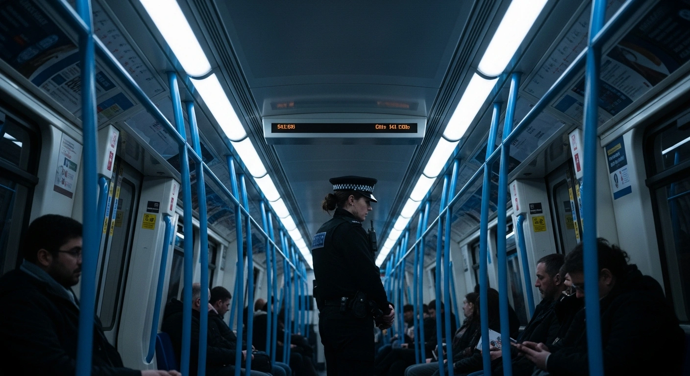 A British Transport Police officer stands in a train carriage as part of a new legal initiative to combat sex-based harassment on the rail network.