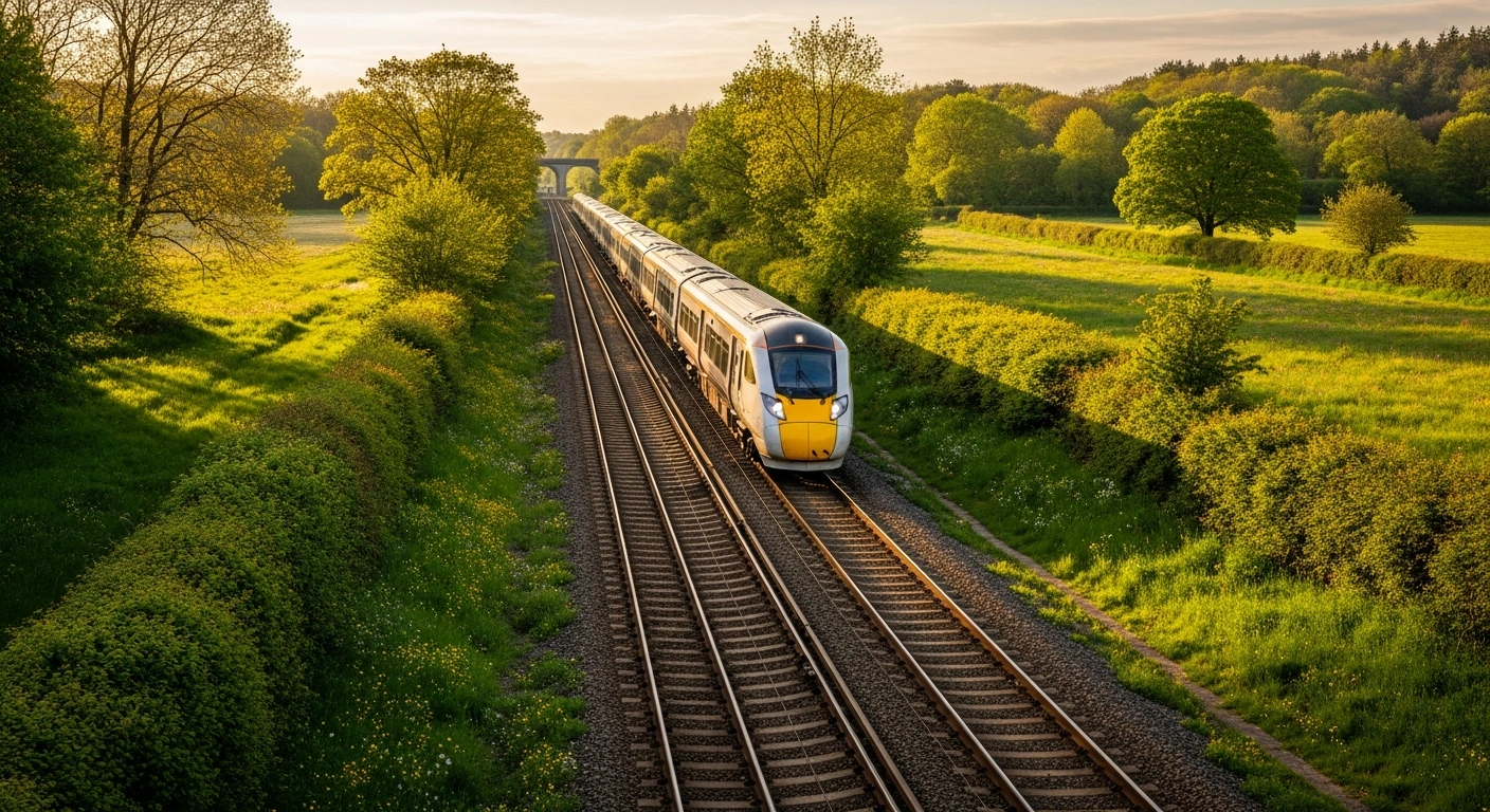 A modern electric train travels through a lush, biodiverse landscape as part of the UK rail industry's commitment to decarbonization and net-zero targets.