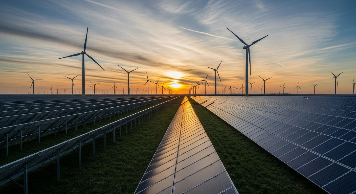 A panoramic view of a vast landscape at sunset, showcasing a field of modern solar panels reflecting the sky in the foreground and a distant array of towering offshore wind turbines, symbolizing Great Britain's record 45GW renewable energy project approvals in 2025.