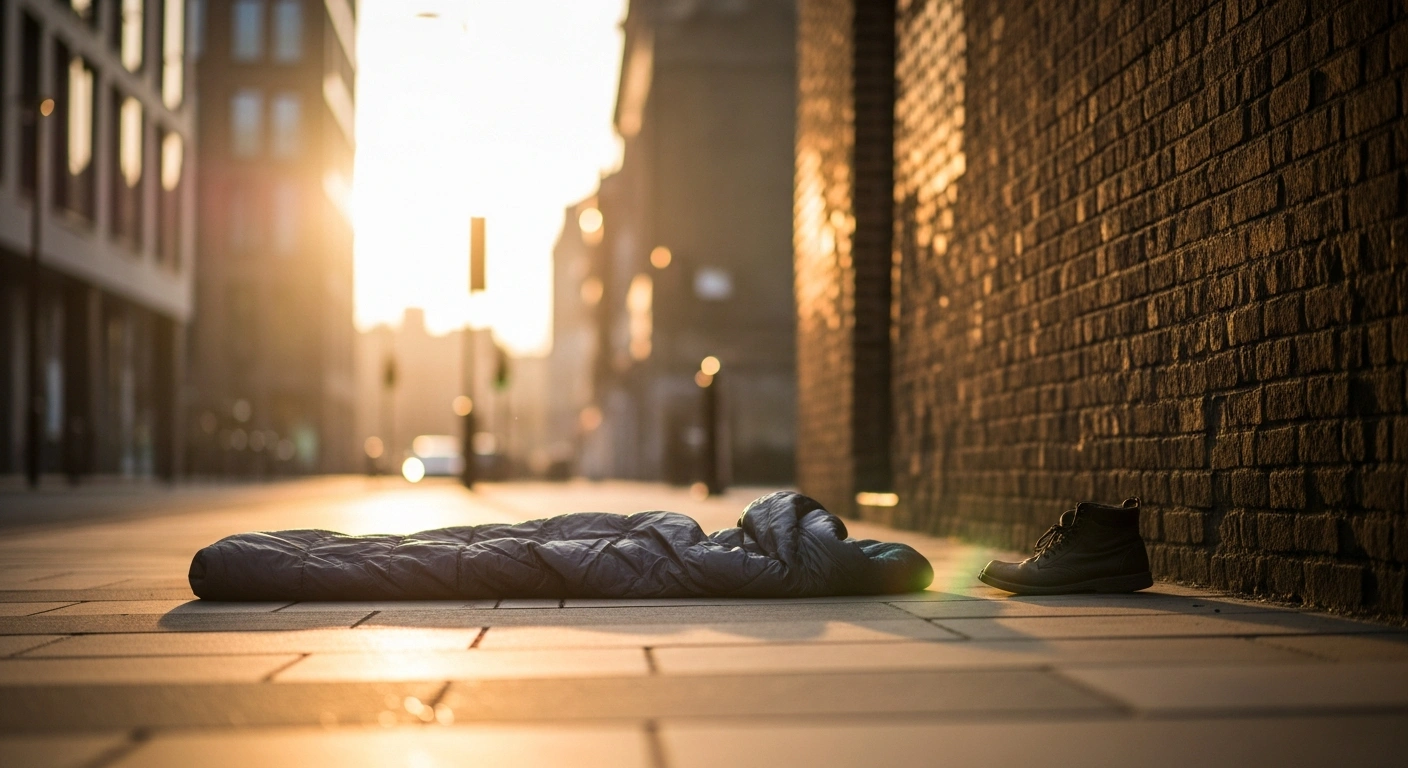 A modern city street at sunrise represents the United Kingdom's move to repeal the Vagrancy Act and replace criminalization with support for the homeless.