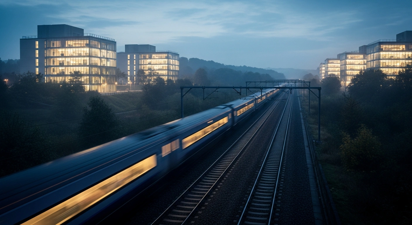 A high-speed train travels through a misty landscape between modern research facilities to illustrate the need for better transport links between UK scientific hubs.