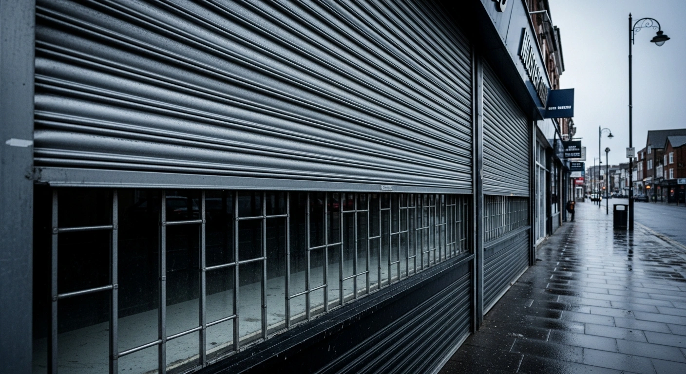 A low-angle, slightly wide shot depicts a shuttered storefront on a desolate UK high street, with metallic security shutters pulled down reflecting a bleak, overcast sky, symbolizing the challenging trading conditions that led to UK high street chains like Claire's and The Original Factory Shop entering administration, putting approximately 2,500 jobs at risk.