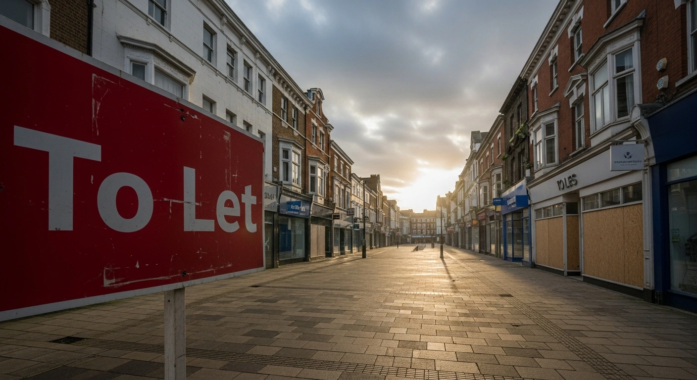A wide, low-angle photograph depicts a deserted UK high street under an overcast sky, featuring a prominent 'To Let' sign and several boarded-up shop windows, visually representing the UK retail sector's challenges with job cuts, store closures, and a difficult economic landscape.
