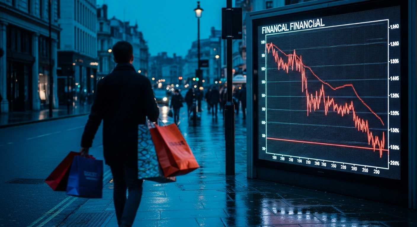 A busy London shopping street at dusk captures the contrast between increased retail sales and the declining value of the British Pound.