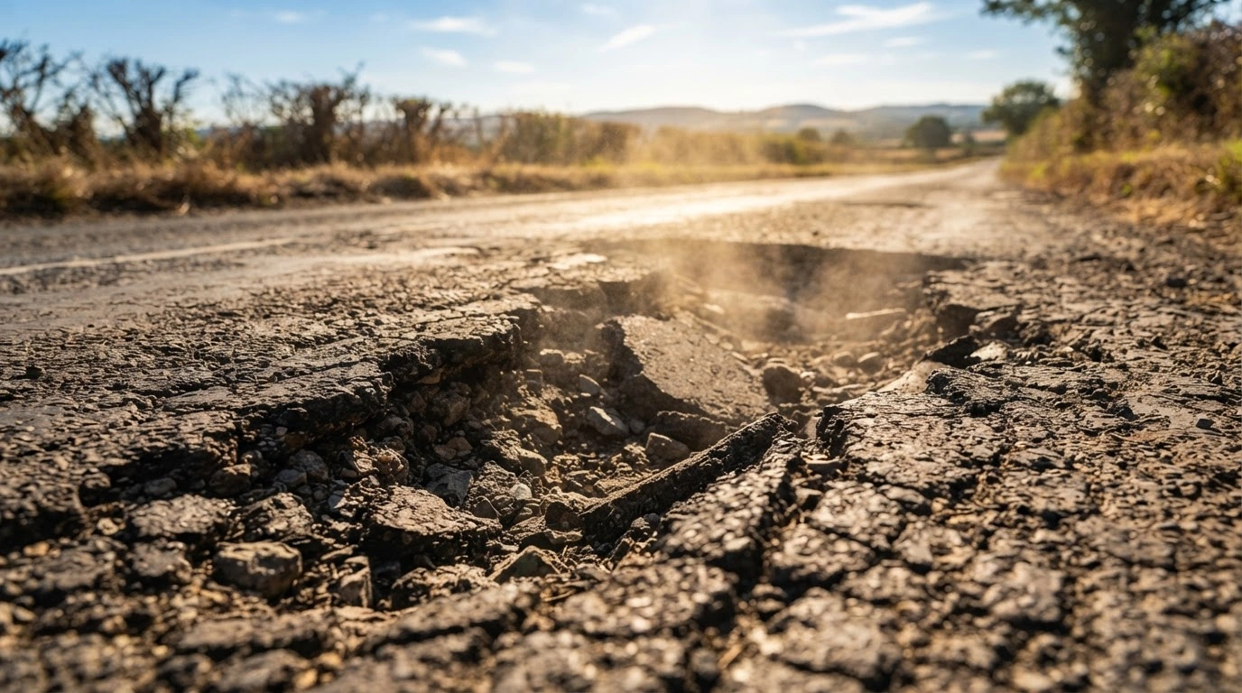 A close-up view of a damaged and cracked asphalt road surface caused by extreme summer heatwaves in the United Kingdom.