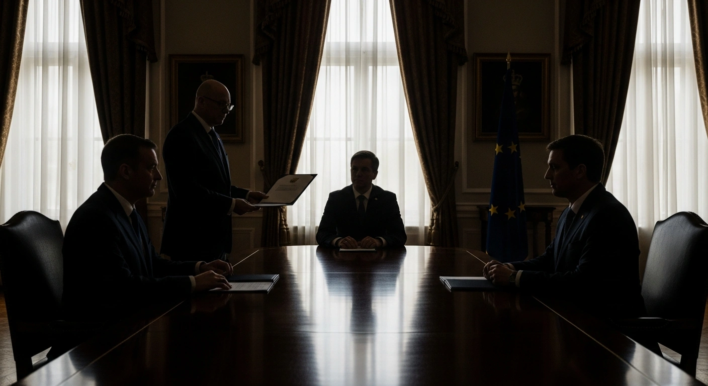 A formal, tense diplomatic meeting in a grand, dimly lit office, where a British official presents a document to a shadowed Russian Ambassador across a long table, symbolizing the UK Foreign Office's revocation of a Russian diplomat's accreditation.