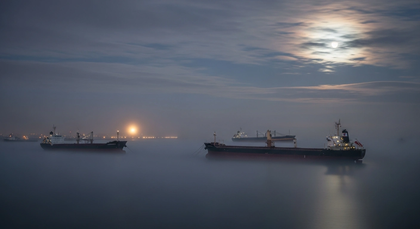 A wide shot depicts several dark, rust-streaked cargo ships shrouded in fog within a desolate harbor under pale moonlight, symbolizing Russia's shadow fleet targeted for confiscation by the United Kingdom and European allies to curb sanctions evasion.