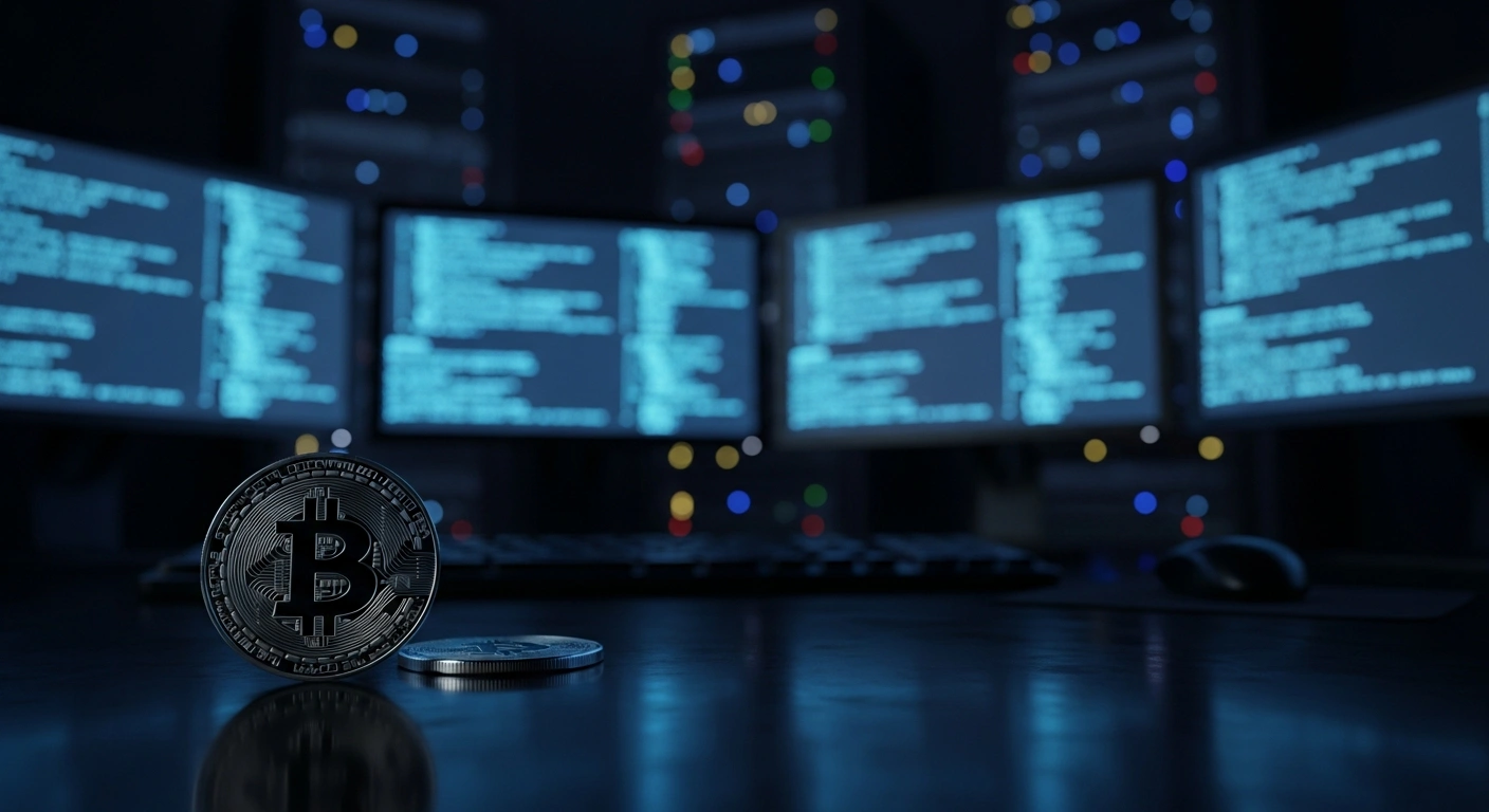 A digital cryptocurrency coin sits on a desk in a dark server room, representing the UK government's sanctions against a network involved in global pig butchering scams and financial crime.