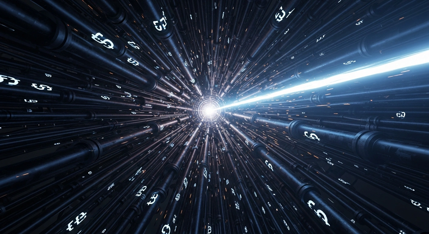 A dramatic visual depicting a complex, dark metallic network of pipes and financial symbols representing Russia's war economy, being strategically severed by a cold blue light, symbolizing the United Kingdom's extensive sanctions targeting energy revenues, military suppliers, and financial institutions.