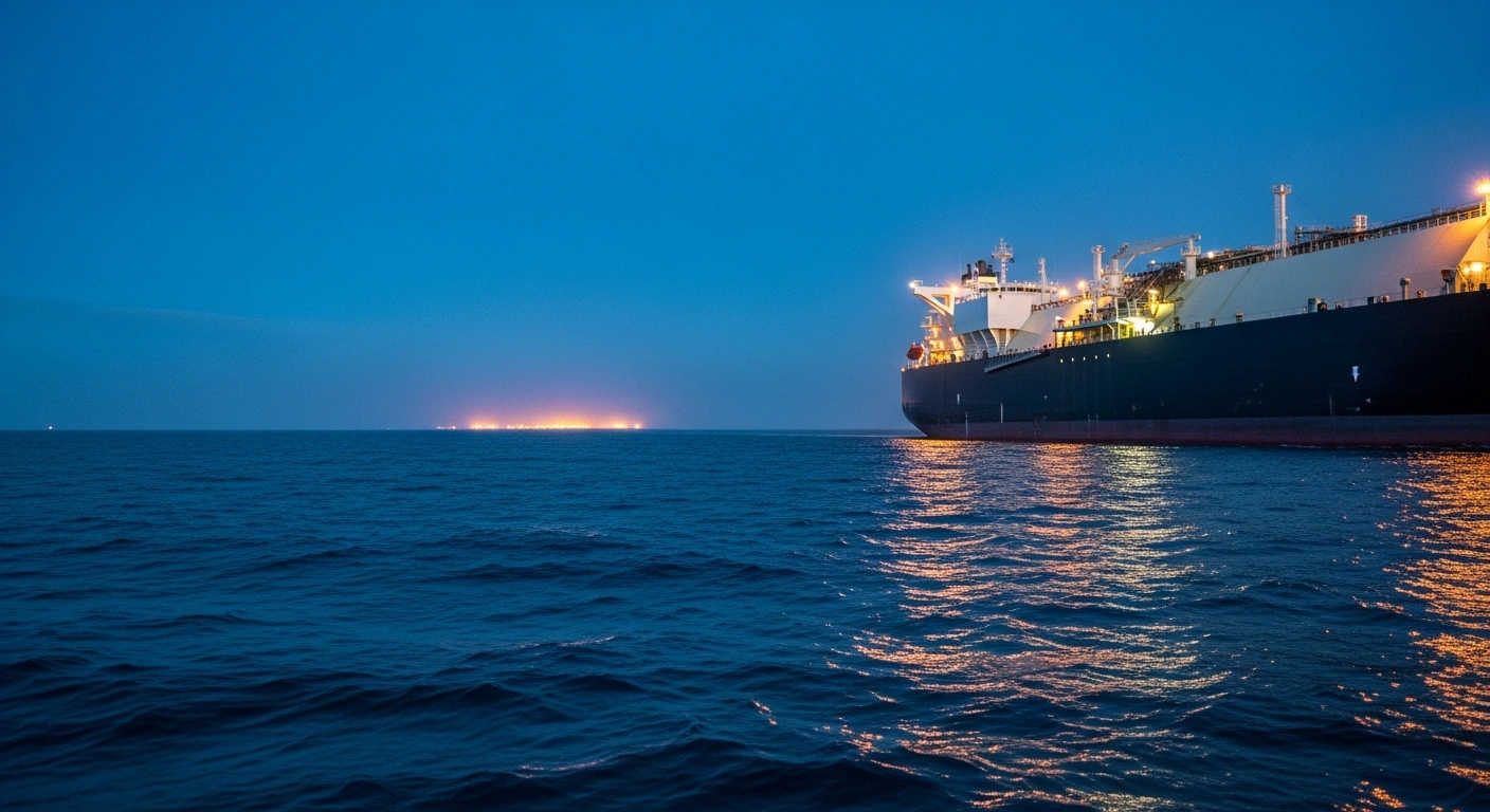 A large liquefied natural gas tanker sails through dark waters as part of international energy trade under UK sanctions regulations.