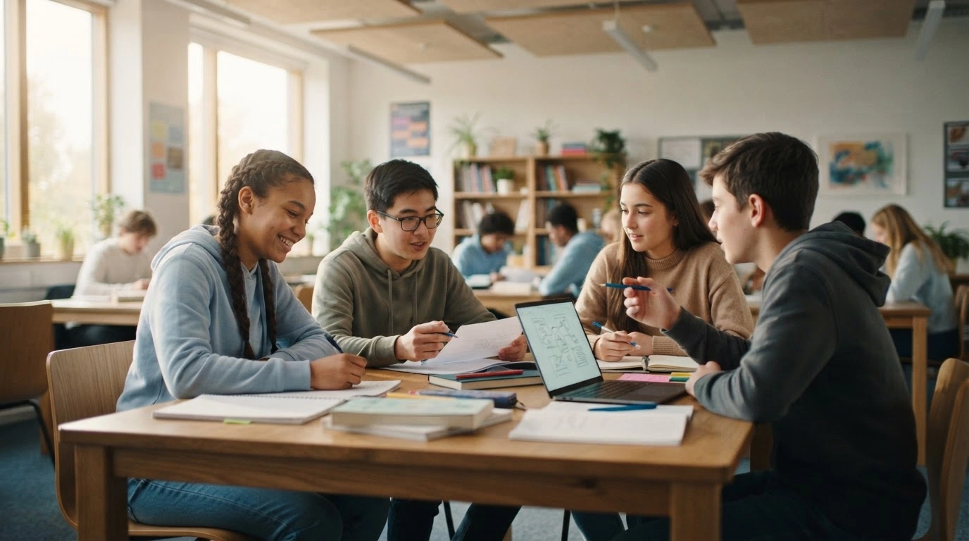 A group of students works together in a bright, modern classroom as the UK government reforms the national school inspection system.