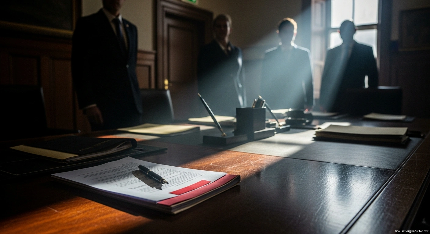 A dimly lit government office contains redacted documents on a table, representing the secret involvement of UK security services in the Northern Ireland Troubles Legacy Act.