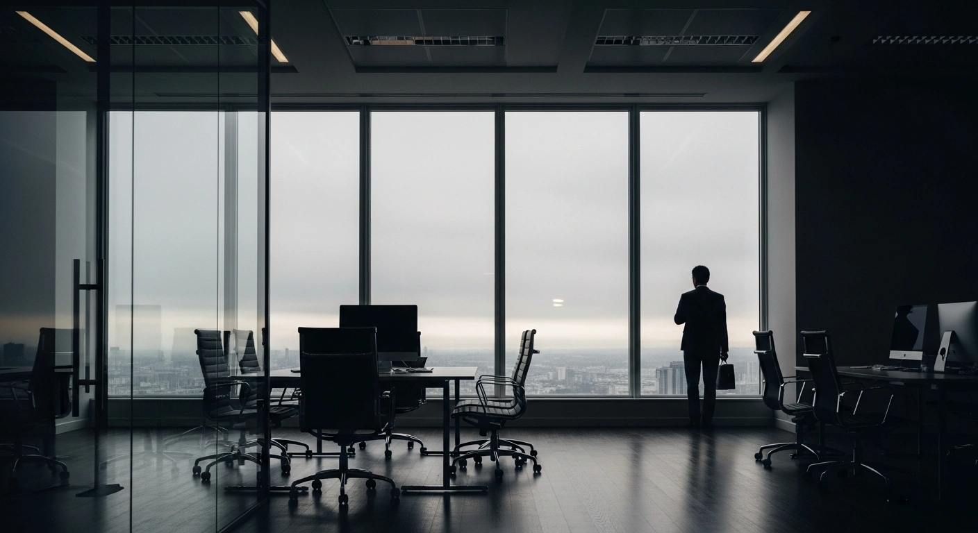 A lone business executive stands by a large window in a minimalist office, gazing at a grey city skyline, symbolizing the UK service sector's lacklustre business activity growth and falling employment in December 2025, despite tentative signs of recovering client confidence.