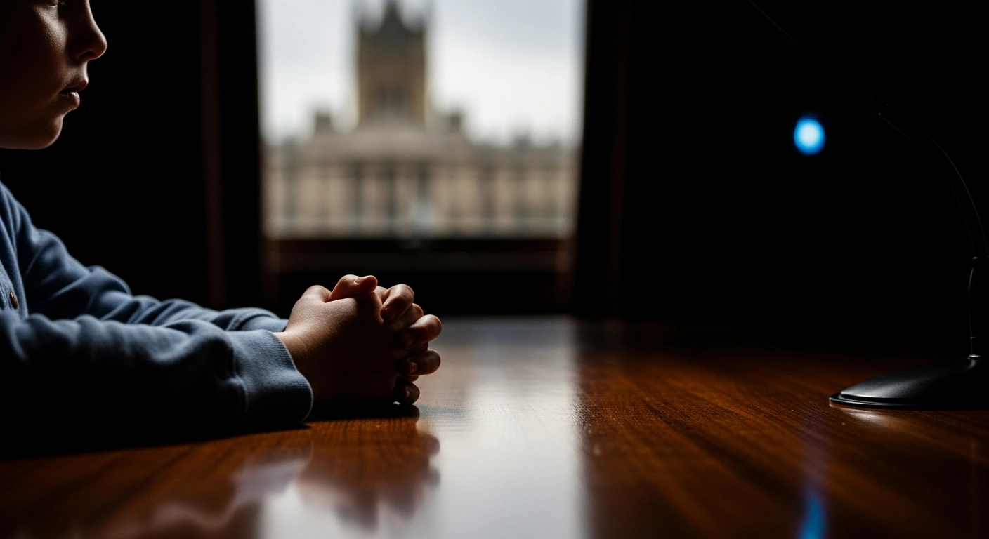 A close-up shot shows the clasped hands of a child resting on a dark wooden table, with a blurred background of an institutional building, symbolizing the UK parliamentary debate on banning social media for children under 16 due to mental health concerns.