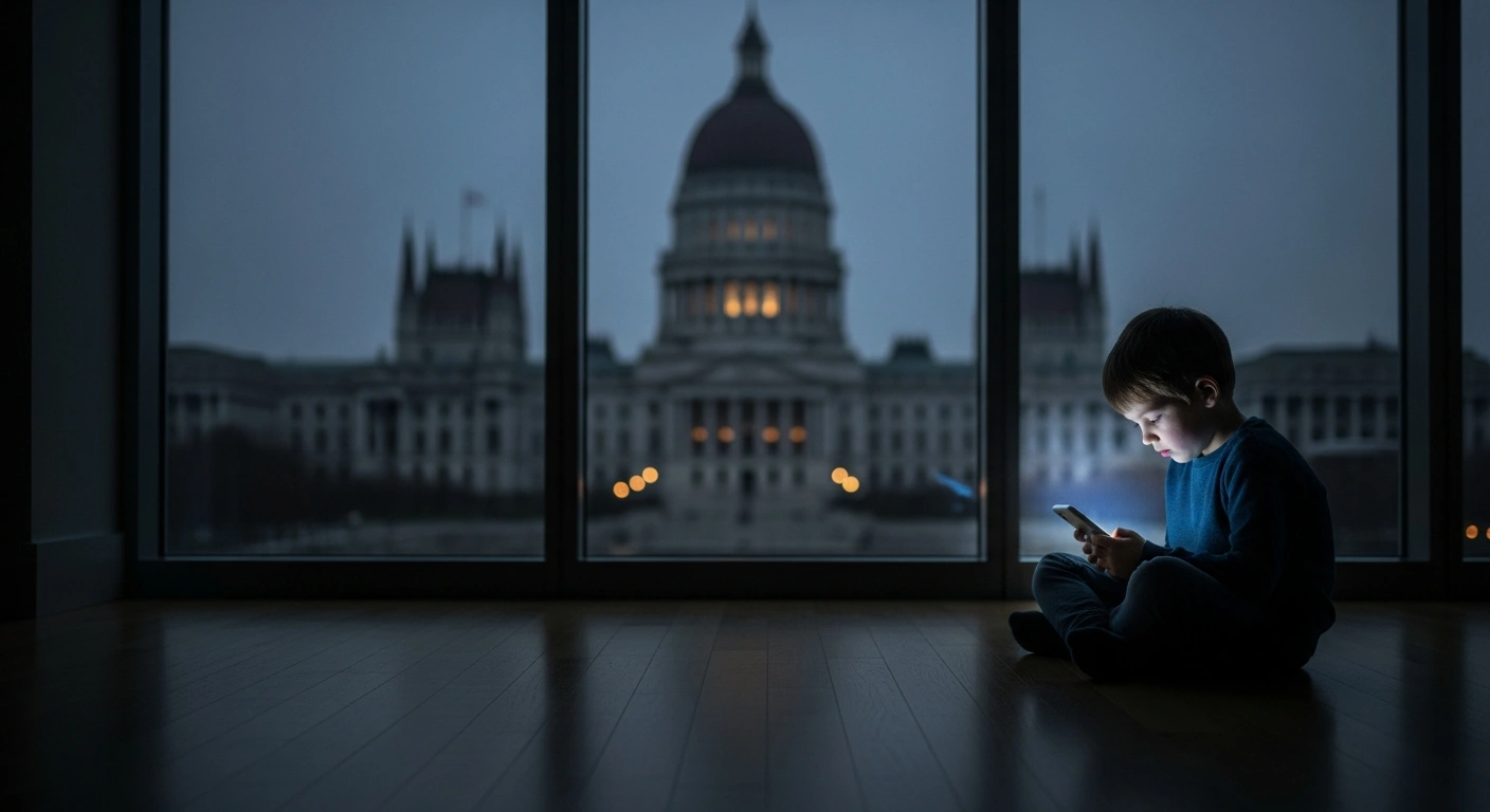 A child sits alone in a dark room illuminated by a smartphone screen, representing the UK House of Lords' push to ban social media for minors under 16.