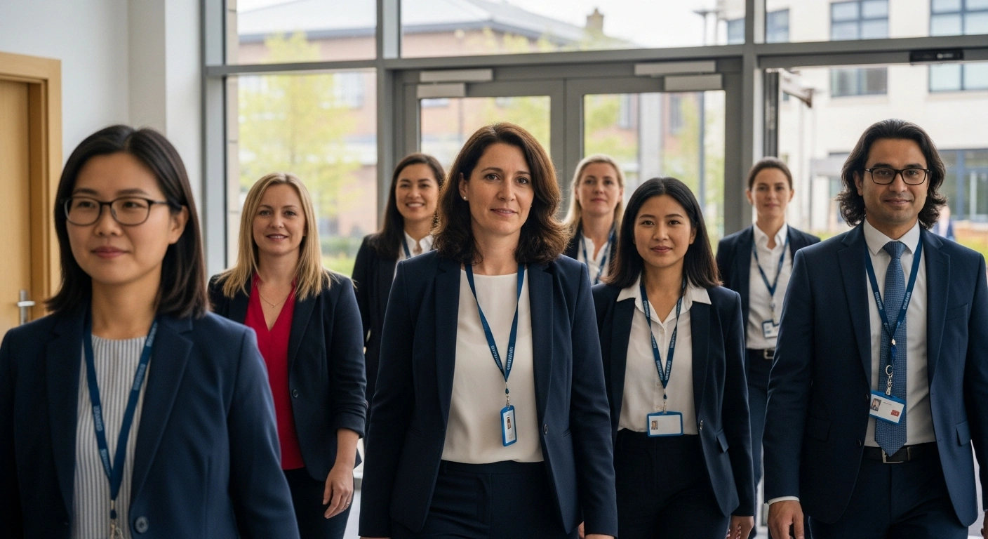 A diverse group of overseas-qualified social workers, representing various international backgrounds, confidently enters a modern, well-lit UK public service building, symbolizing their integration into the workforce to address England's social worker shortage.