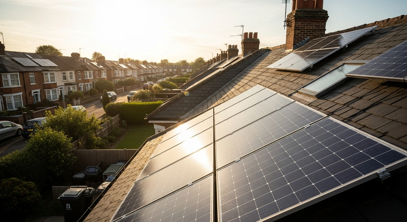 Modern solar panels installed on the rooftops of a residential street in the United Kingdom represent a new government-backed green energy initiative.