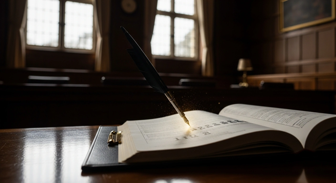 A leather-bound legal ledger lies open on a polished desk in an oak-paneled chamber, with a quill hovering over a page, symbolizing the 2.28% increase in Guideline Hourly Rates for UK solicitors announced by the Master of the Rolls, Sir Geoffrey Vos, effective January 1, 2026, to align with inflation.