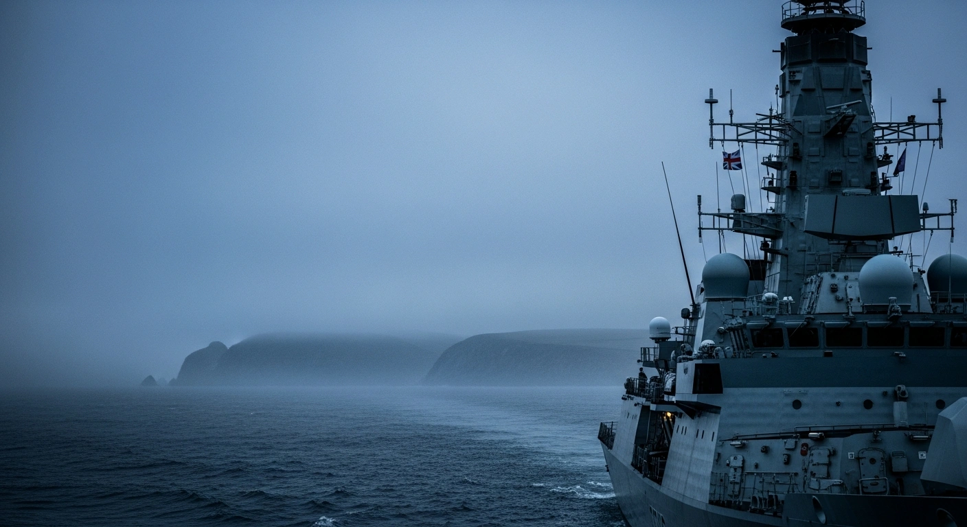 A modern British naval ship patrols the misty North Sea, representing the UK's push for greater sovereign defense capabilities and reduced strategic dependence.