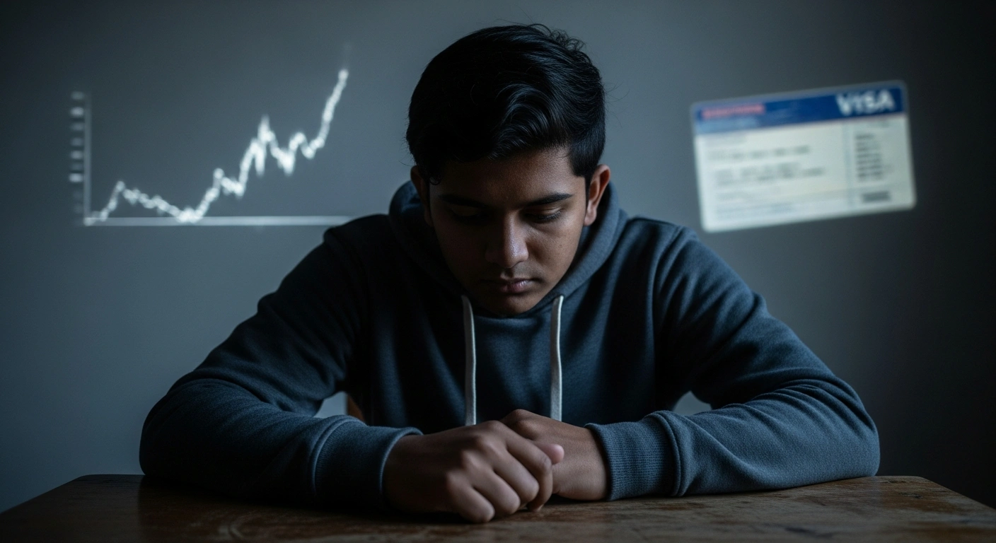 A young international student with South Asian features sits contemplatively at a desk, with a blurred university building in the background, representing the impact of the UK Labour Government's proposed 6% levy on international student fees and the reduction of the Graduate Route visa, which affects students from countries like Sri Lanka.