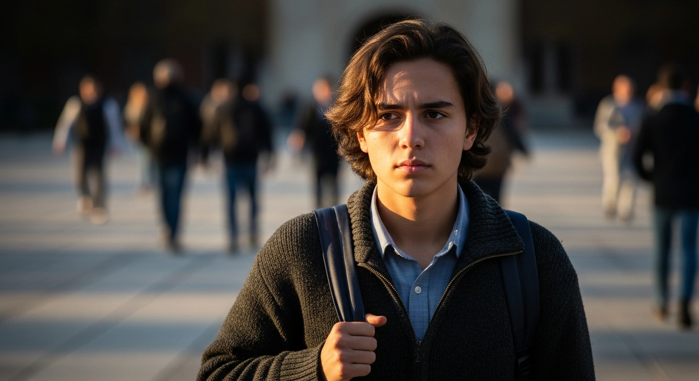 A young university student stands contemplatively on a campus quad, their face partially shadowed, symbolizing the complex and contradictory views on freedom of expression and the banning of politicians on UK university campuses.