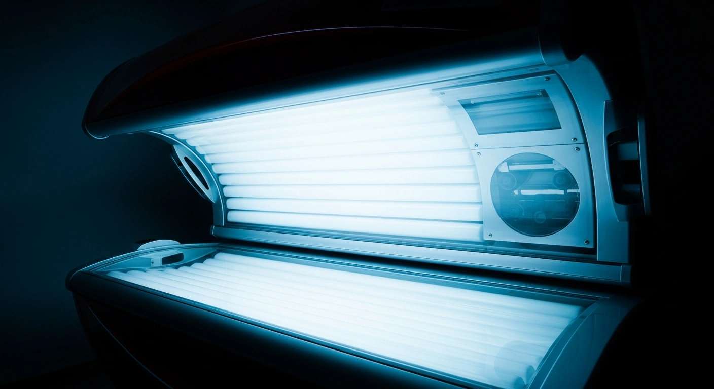 A close-up view of a professional tanning bed interior with ultraviolet lights, representing the UK government's proposed age verification regulations for sunbed use.