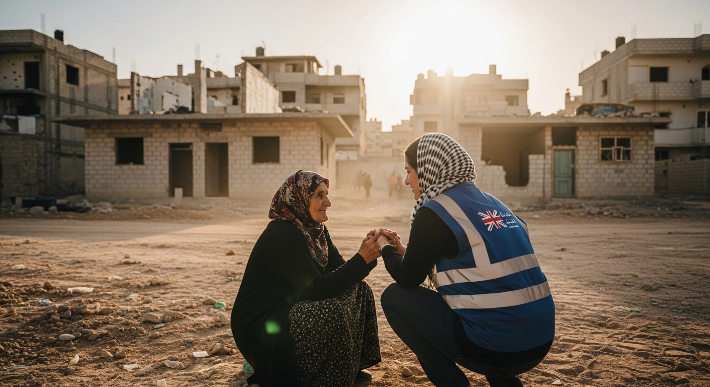 A British aid worker interacts with an elderly Syrian woman in a partially rebuilt village, symbolizing the United Kingdom's ongoing humanitarian aid and rebuilding commitment to Syria following the 2023 earthquake and years of conflict.