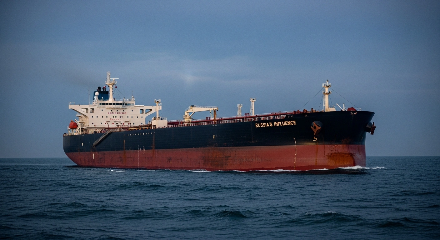 A colossal, rust-streaked oil tanker sailing on a turbulent sea under a twilight sky, representing Russia-linked 'shadow fleet' vessels targeted by UK sanctions.