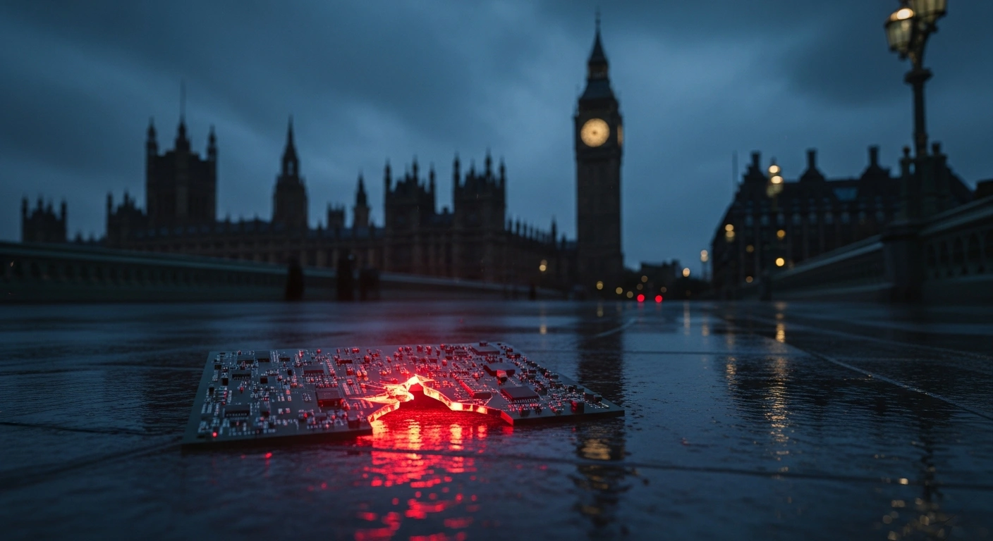 A desolate, rain-slicked London street at twilight features a shattered circuit board emitting a faint crimson light in the foreground, symbolizing the UK's failing science and technology sector and its 'bleeding out' economy, with a dark Big Ben silhouette in the background.