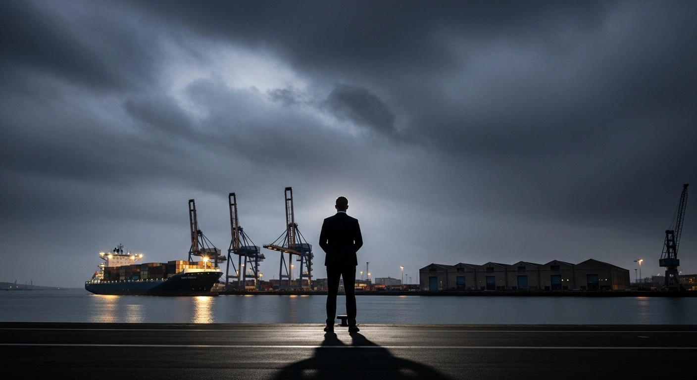 A lone business person stands silhouetted against a stormy sky over a British port, with a brightly lit modern container ship in the foreground and mist-shrouded, empty warehouses in the background, symbolizing the British Chambers of Commerce's concerns about the UK's trade prospects for 2026, with robust services exports contrasting with declining goods exports and a subdued economic outlook.