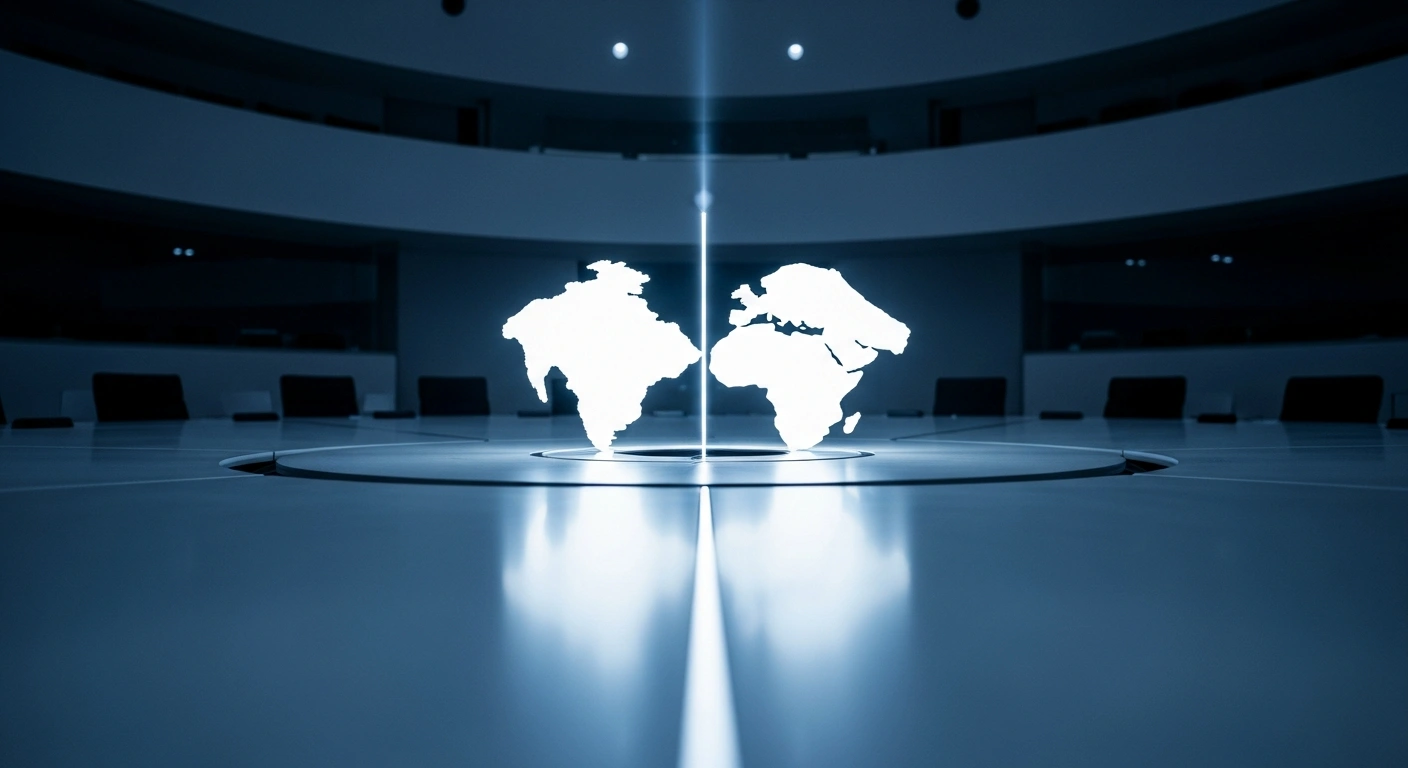 A photorealistic image shows a modern, minimalist council chamber with a polished circular table, where two distinct, luminous forms, symbolizing a two-state solution for Israelis and Palestinians, are connected by a unifying beam of light, reflecting the United Kingdom's commitment at the UN Security Council to lasting peace and the implementation of Resolution 2803 for Gaza.
