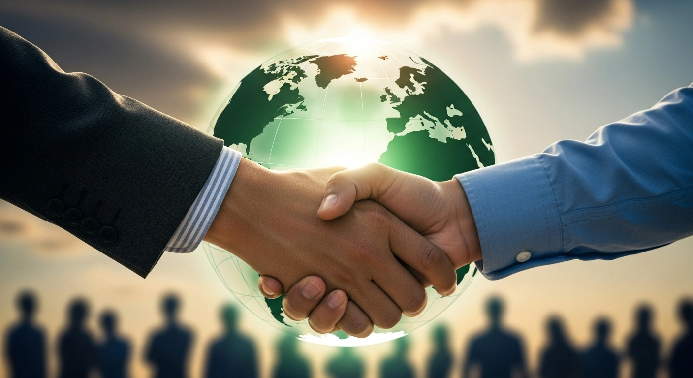 A low-angle, photorealistic image depicts two hands, one representing a developed nation and the other a global organization, clasped in a firm handshake over a stylized, glowing emerald globe. Diverse, blurred human silhouettes are visible in the background under a golden hour sun, symbolizing the United Kingdom's renewed partnership and £11 million investment with the United Nations Development Programme for global sustainable development efforts across over 170 countries.