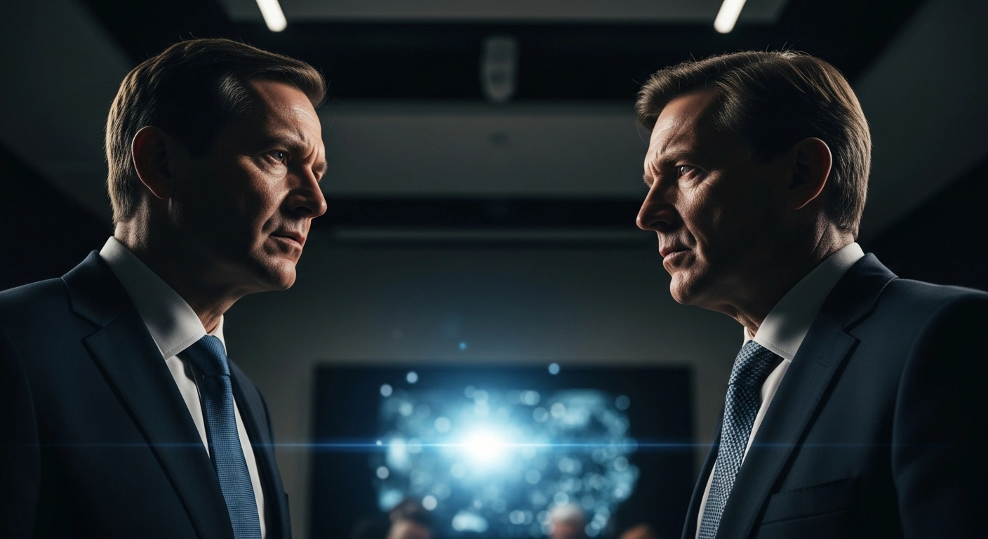 Two distinguished political figures, representing UK and US officials, are seen in a dimly lit conference room, their serious expressions highlighted by dramatic lighting, discussing transatlantic concerns over unacceptable sexualized AI-generated images on platforms like X and the potential for UK government regulatory action.