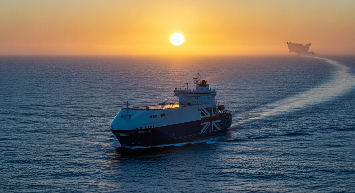 A modern cargo ship, subtly displaying the Union Jack, sails through calm Atlantic waters at dawn, with the faint outline of the American coastline visible in the distance, symbolizing the inaugural tariff-free UK beef shipment reaching the United States.