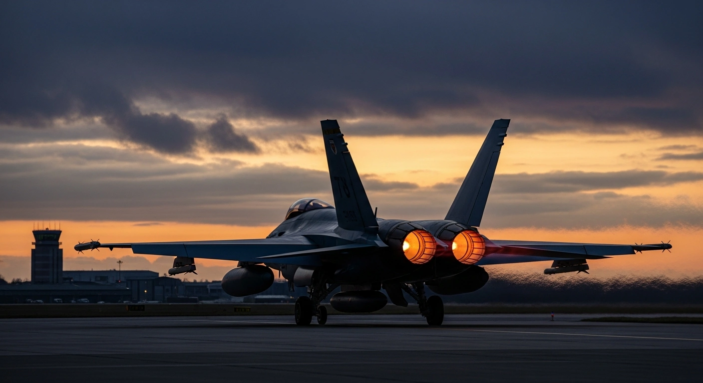 A powerful silhouette of a fighter jet on a runway at dusk, symbolizing the UK's decision under Prime Minister Keir Starmer to allow the US to use British military bases like Diego Garcia and RAF Fairford for defensive strikes against Iranian missile sites amidst escalating Middle East tensions.