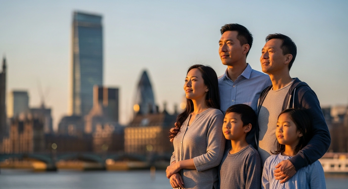 A family of Hong Kong residents with British National Overseas visas stands in London, representing their continued settlement pathway in the United Kingdom.