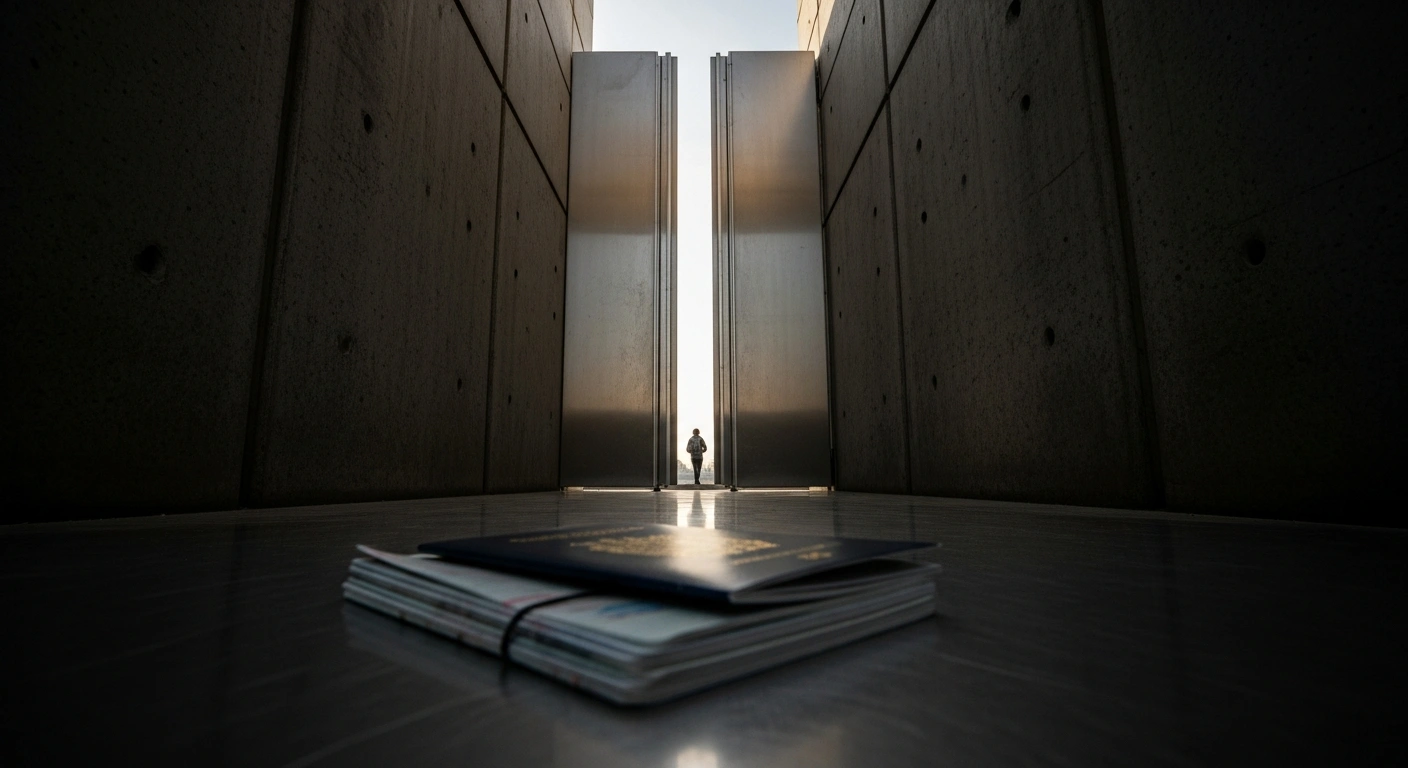 A low-angle view of a partially closed, modern metallic gate with official documents in the foreground, symbolizing the UK Home Secretary's suspension of study and work visas for nationals from Afghanistan, Cameroon, Myanmar, and Sudan, addressing a surge in asylum claims.