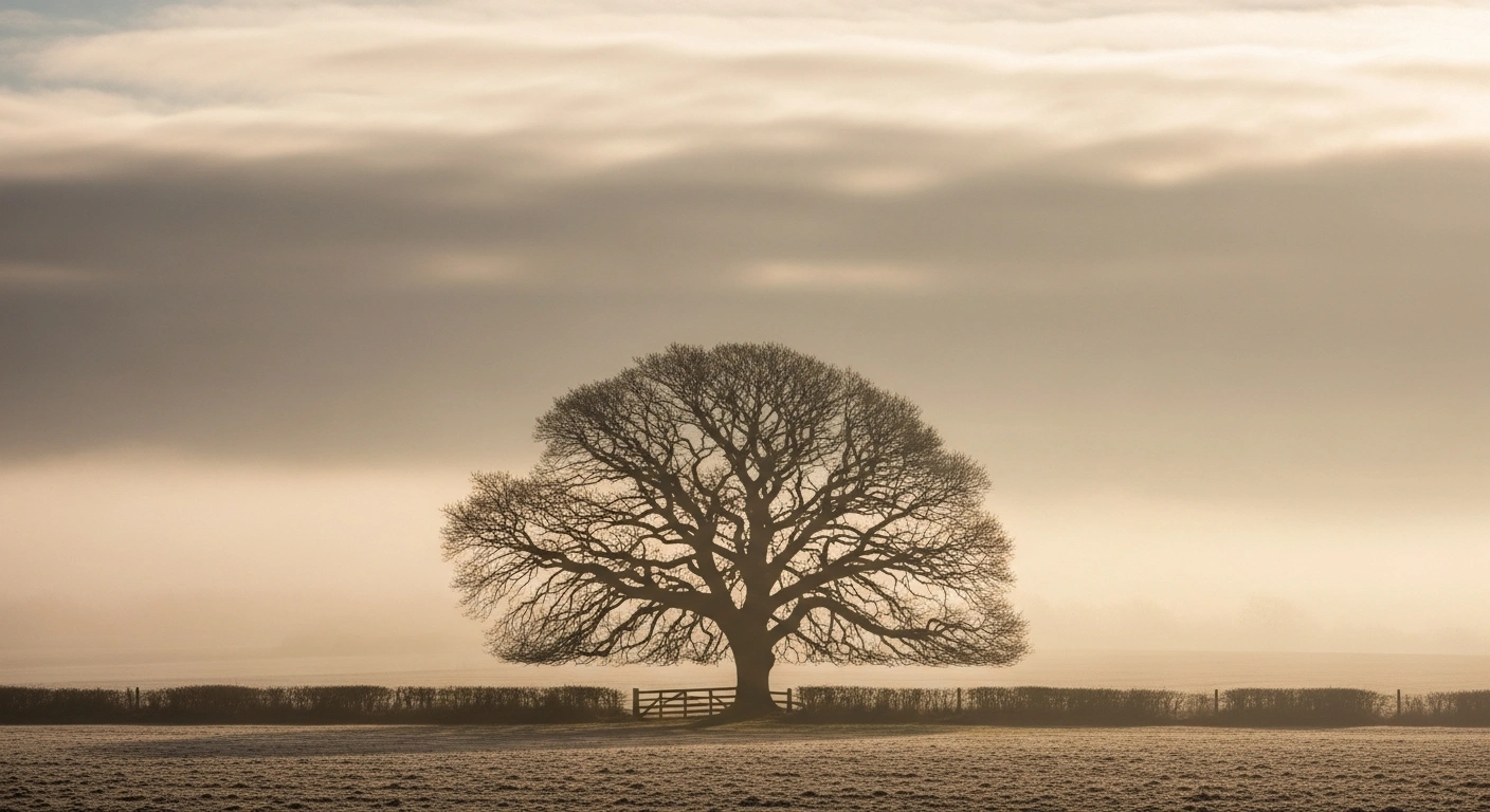 A wide, cinematic shot shows a lone, gnarled oak tree silhouetted against a vast expanse of low-hanging, pearlescent cloud cover and a gentle haze, depicting an unseasonably warm early November morning in the UK countryside, reflecting record high minimum temperatures.