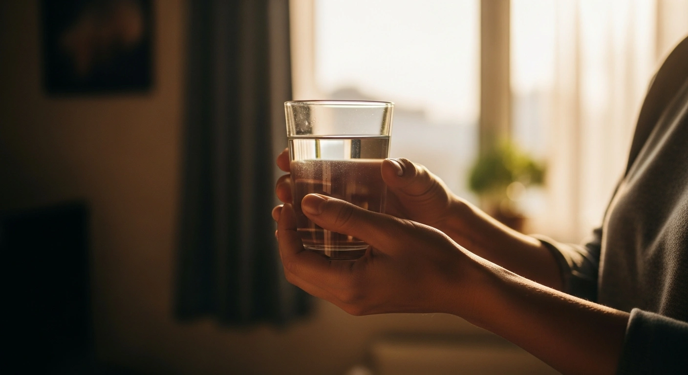 A person holds a glass of water in a sunlit home, representing the UK government's reform to reduce water bills for low-income households.