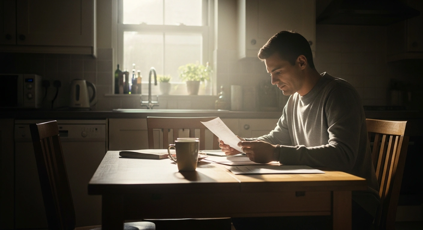 A person reviews household utility documents in a sunlit kitchen, representing the UK government's reform to the WaterSure scheme for low-income households.