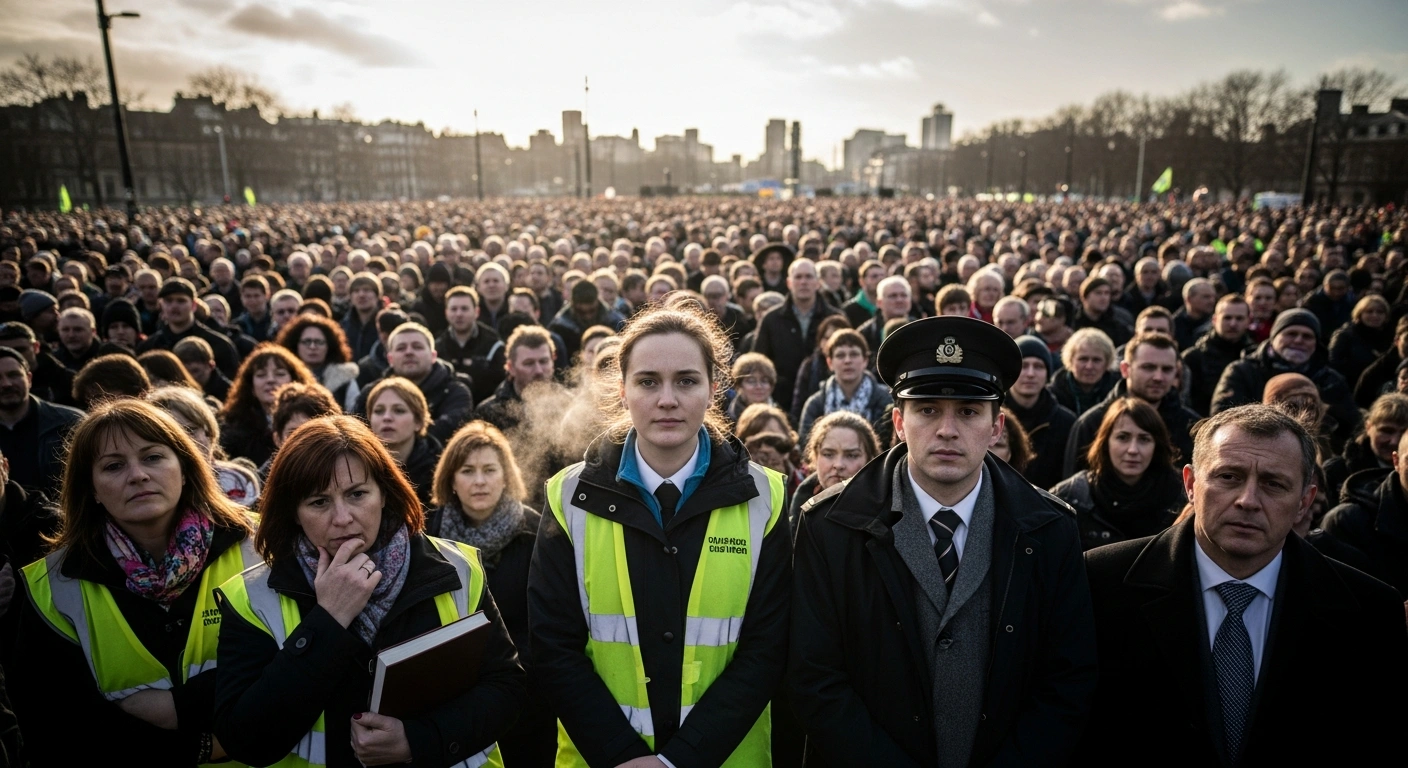 A diverse group of workers, including teachers, railway staff, and civil servants, are shown standing shoulder to shoulder in a large, unified protest crowd under an overcast sky, representing the widespread strikes across the UK on February 1, 2023, demanding better wages and working conditions amidst the cost-of-living crisis.