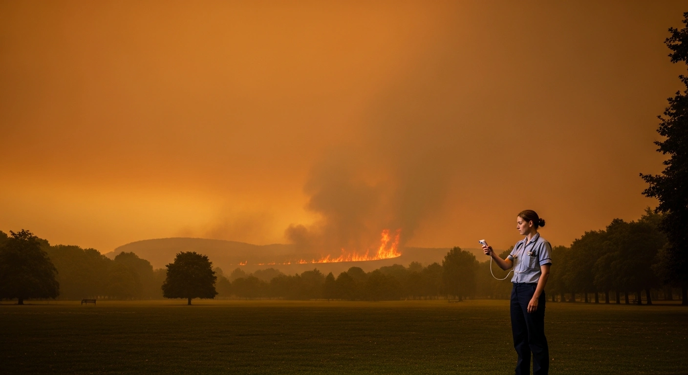 A health professional monitors air quality in a hazy British landscape affected by smoke from a distant wildfire.