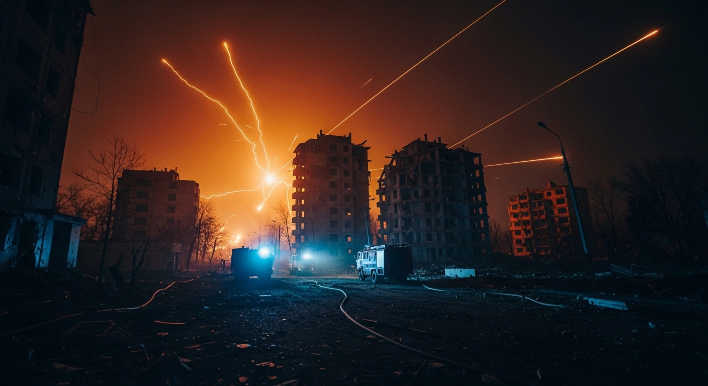 The aftermath of a widespread overnight aerial assault by Russian forces shows damaged civilian infrastructure and emergency responders working in a Ukrainian city.
