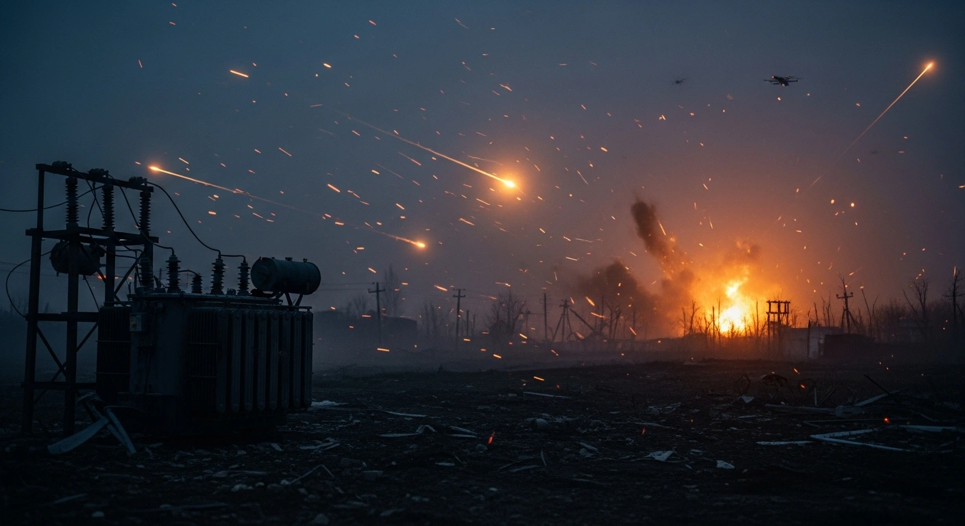 A dark, smoky cityscape in Ukraine shows the aftermath of a widespread aerial assault by Russian missiles and drones on energy infrastructure.