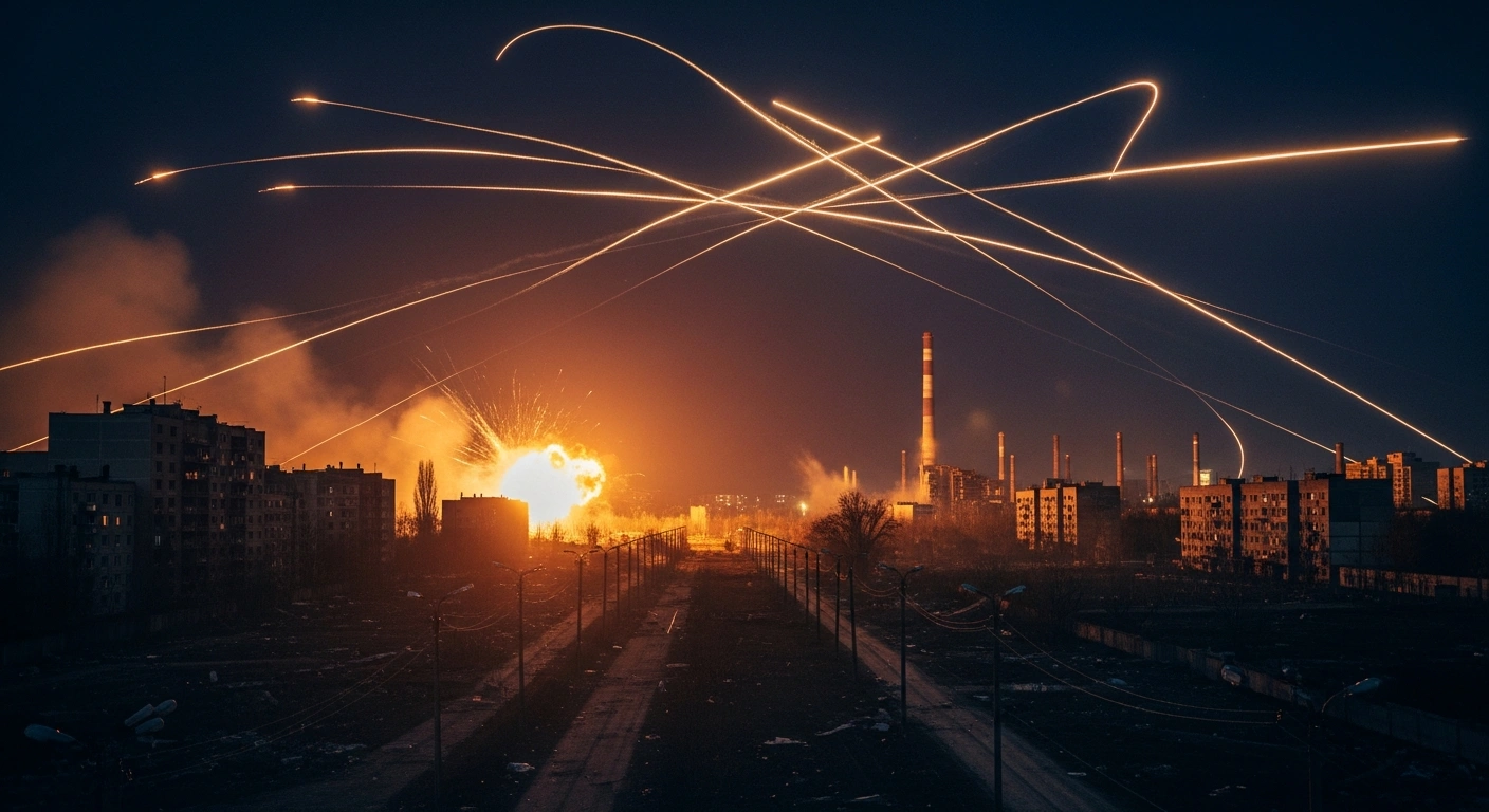 A night scene showing Ukrainian air defenses intercepting Russian missiles and drones over a city with damaged infrastructure and glowing fires.