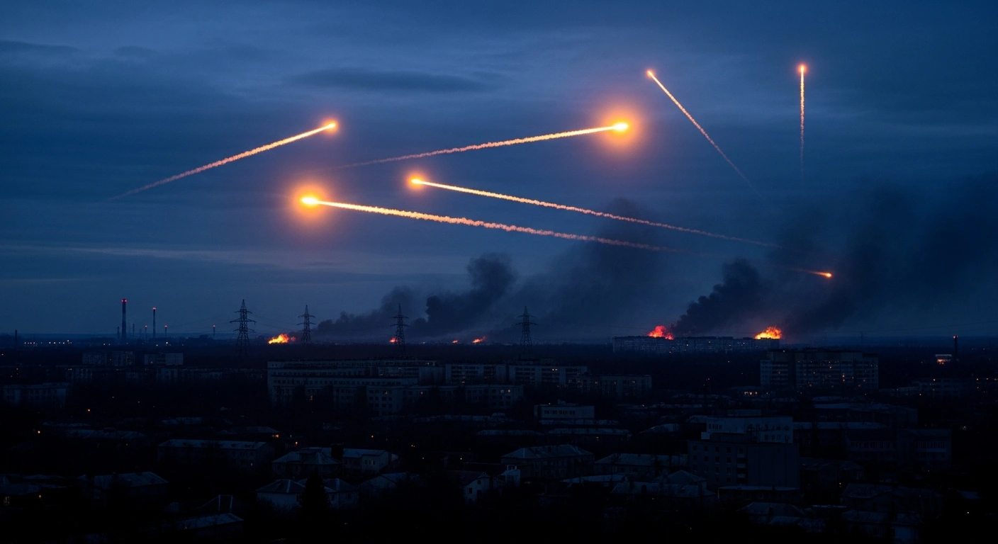 Ukrainian air defenses fire tracer rounds into the night sky to intercept Russian missiles and drones targeting energy infrastructure.
