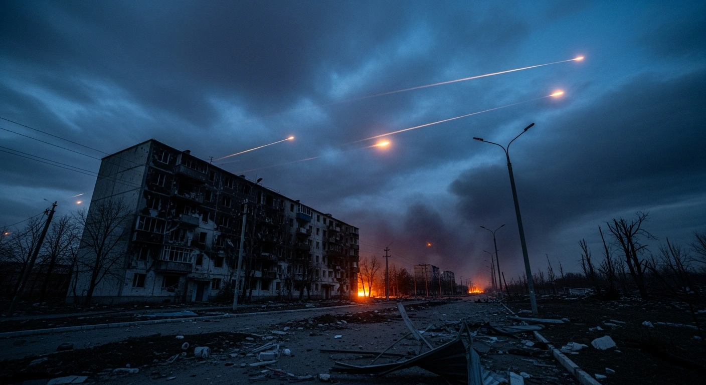 A damaged residential building stands in the background as air defense systems intercept aerial attacks over a Ukrainian city at night.