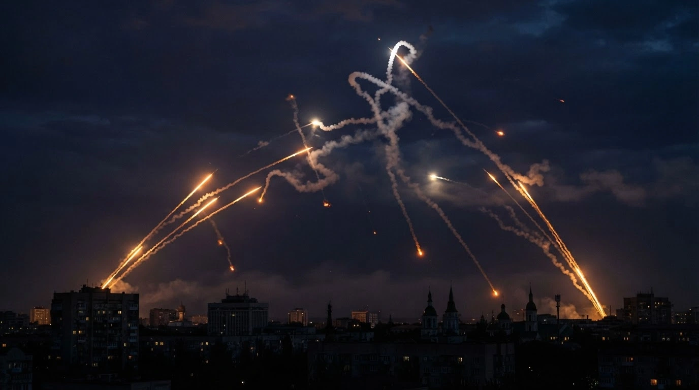 Ukrainian air defense systems fire interceptor missiles into the night sky to destroy incoming Russian drones during a massive aerial assault.
