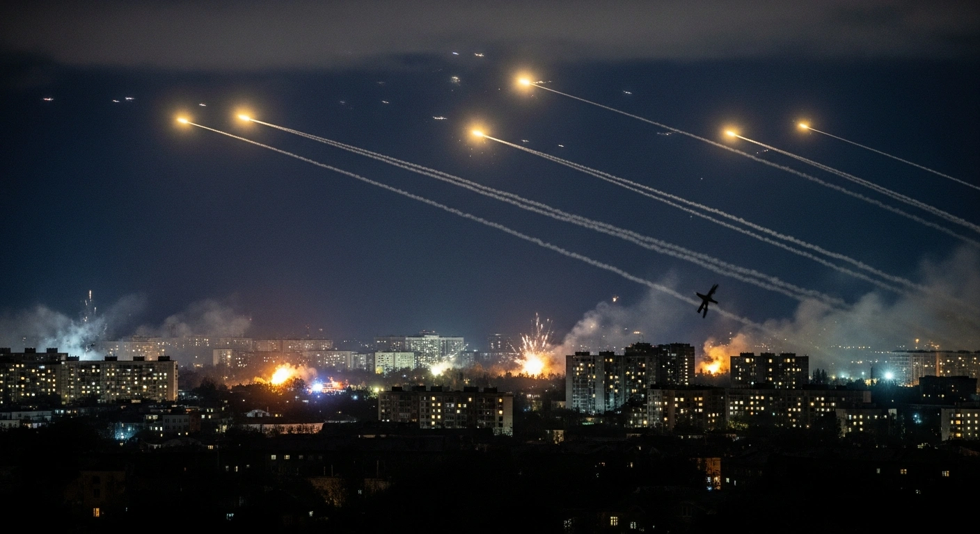 Ukrainian air defense missiles streak across a dark night sky over Odesa, intercepting Russian Shahed and Gerbera strike drones, with distant explosions and damaged buildings visible below.